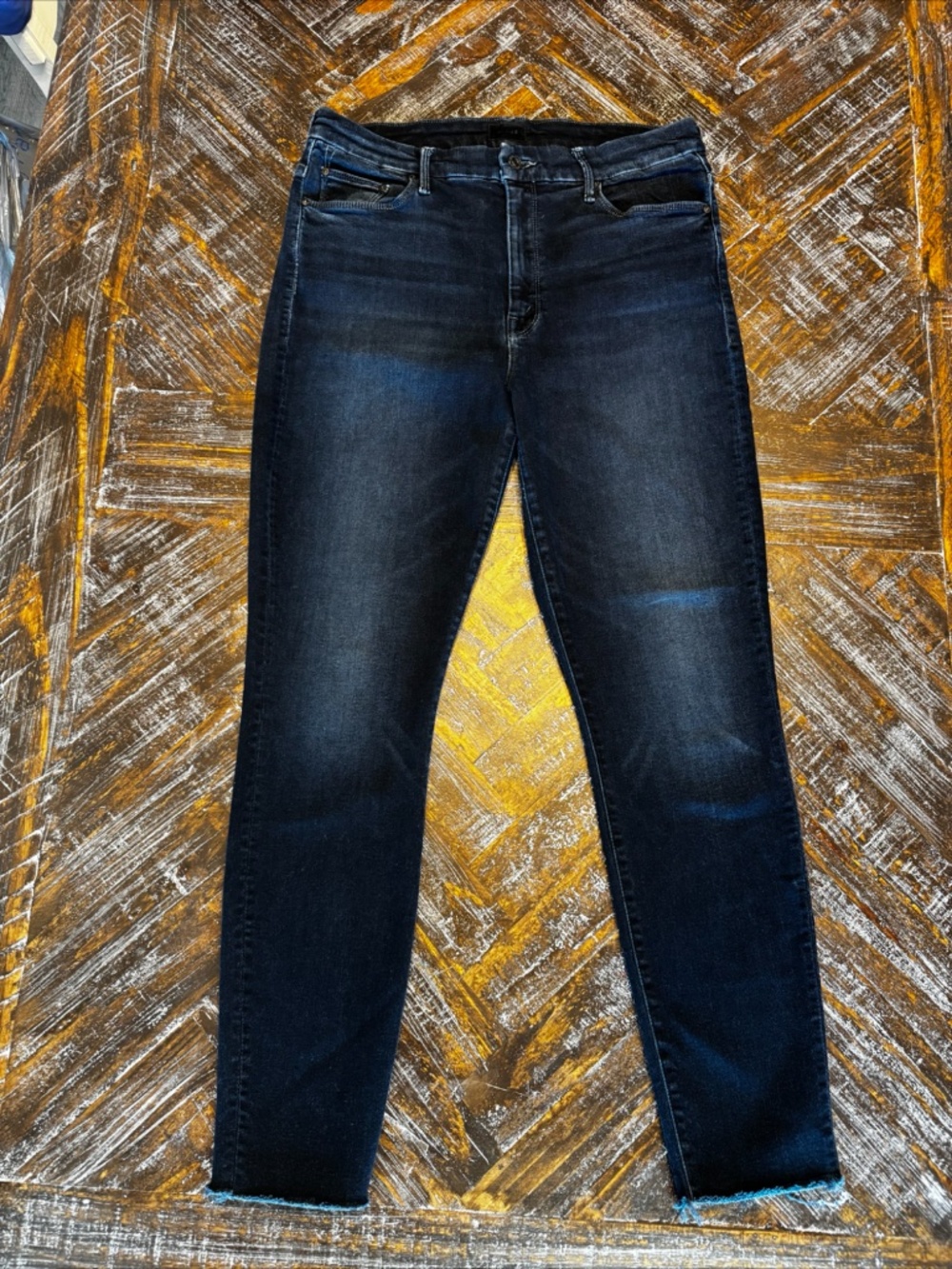 MOTHER The Looker Ankle Fray Jeans Womens 32 Dark Wash Skinny Raw Hem Stretch